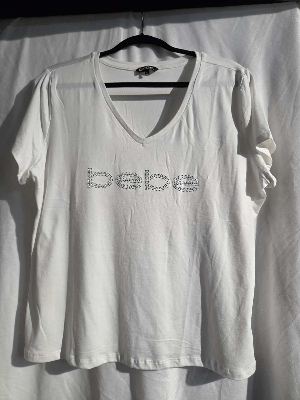 bebe White V-Neck Logo Tee with Rhinestone Detail